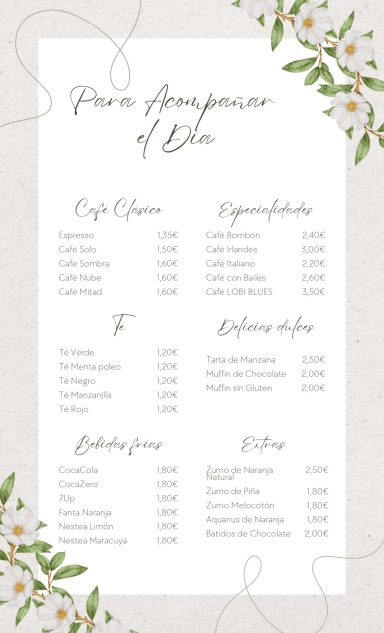 Carta de cafés, desayunos y meriendas